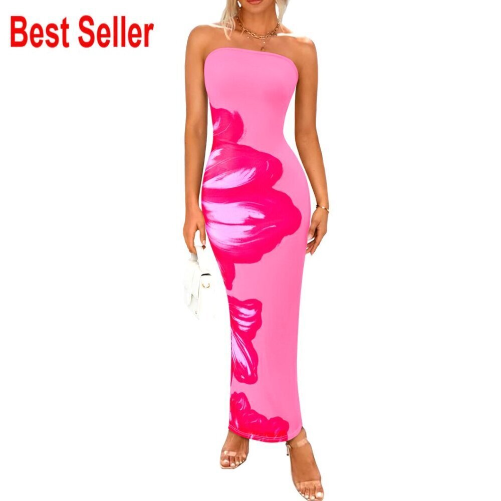 Strapless Maxi Dress Bodycon Floral Mesh Formal Long Slit